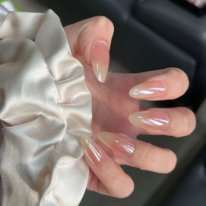 24Pcs Metallic Cat Eye French Sheer Manicure Tip Art Textured 3D Acrylic False Nails Nude Pink Almond Medium Press on Fake Nails