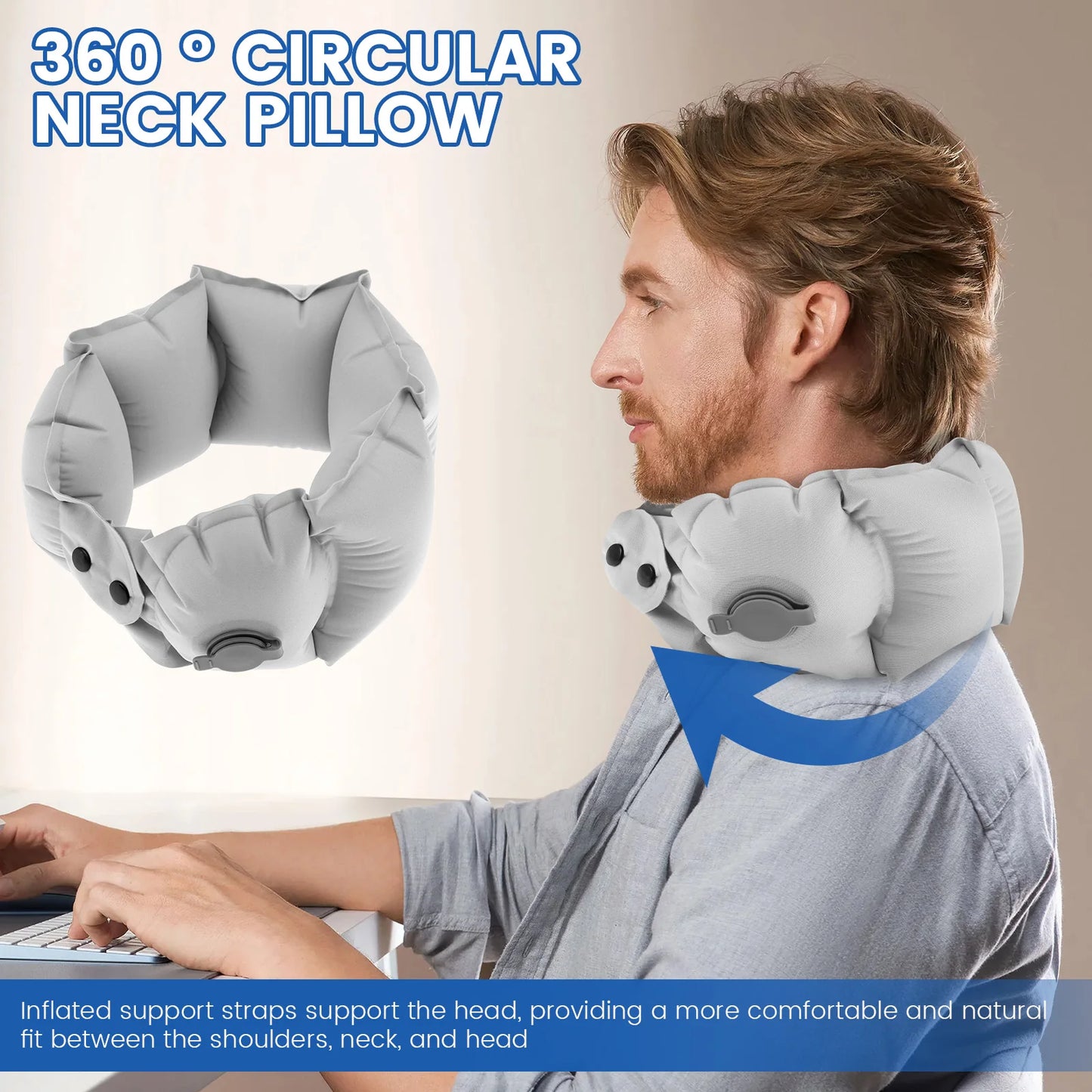 Inflatable Travel Pillow Soft Breathable Neck Headrest with Inflatable Pot 360° Support Airplane Pillow for Office Car Camping