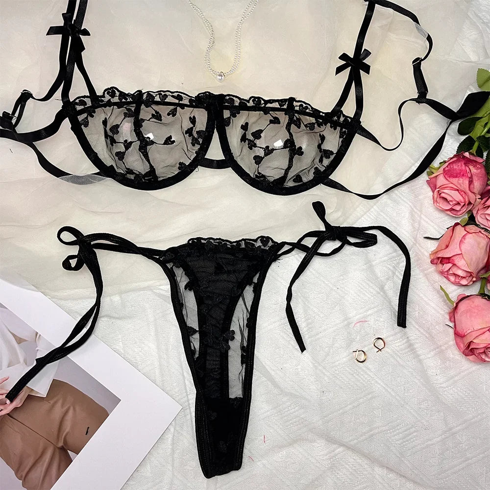 Floral Embroidery Semi Sheer Sexy Lingerie Set Erotic Lingerie Set , Intimates Bra & Thong, Women's Sexy Lingerie & Underwear
