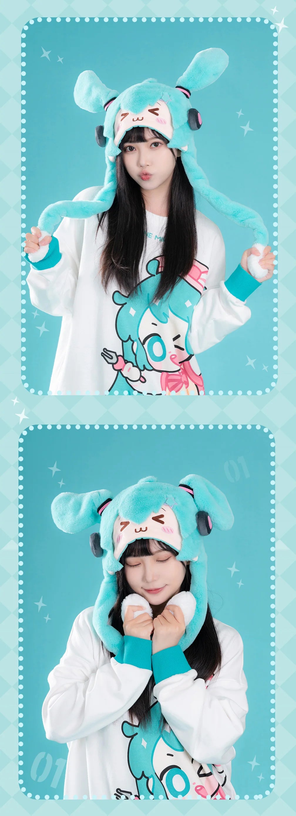 Original Moeyu Miku Hat for Women Men Cap Plush Ears Move Cartoon Hats Autumn Winter Warm Hatsune Vocaloid Cosplay Caps