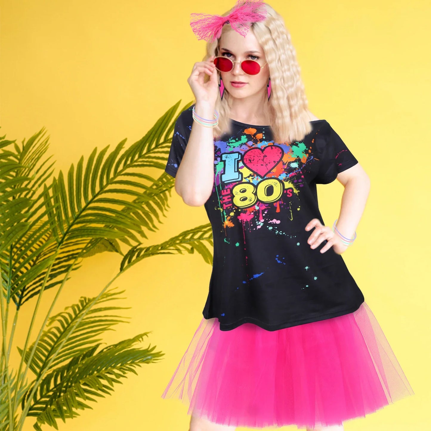 80s Fancy Dress Accessories Women Party Costume Set Adult Tutu Skirt Neon Fishnet Gloves Beaded Necklace Bracelet Earrings