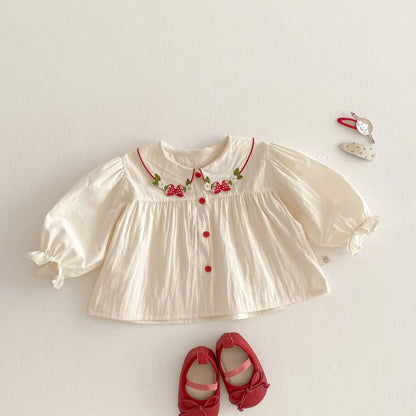 Girls Fashion Shirt 2025 New Spring Baby Korean Long Sleeve Shirt Children Spring Strawberry Peter Pan Collar Top