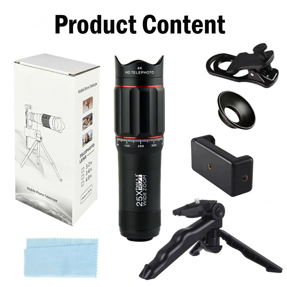 25X Phone Telephoto Lens Kit Phone Holder Portable Tripod Stabilizer Highpower Zoom Concerts Contest Outdoor Observation Animal