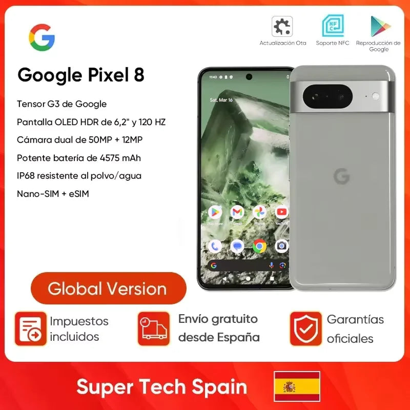 2023 Original Google Pixel 8 8GB RAM 128GB ROM 5G Google Tensor G3 IP68 water resistant 4575mAh Battery NFC Support Google Play