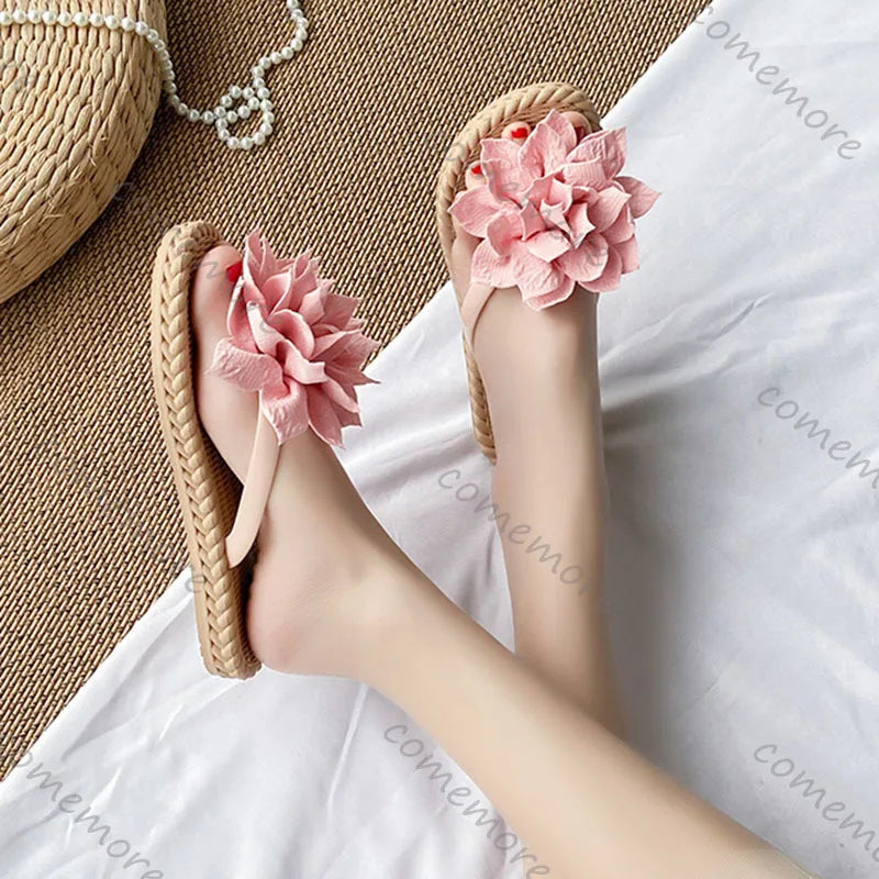 Comemore Flowers Flip Flops for Women Fashion Open Toe Light Flat Bottom Casual Women Slides Indoor Outdoor Women's Beach Shoes
