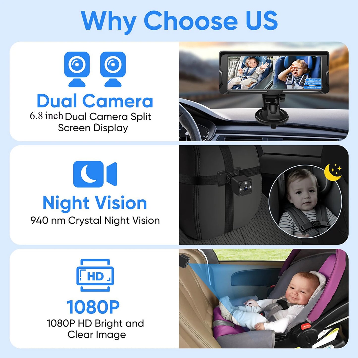Car Baby Camera Dual Channel 6.8inch 1080P Display with 2 IR Night Vision Camera and 150° Wide View Angle Automotive Baby Camera