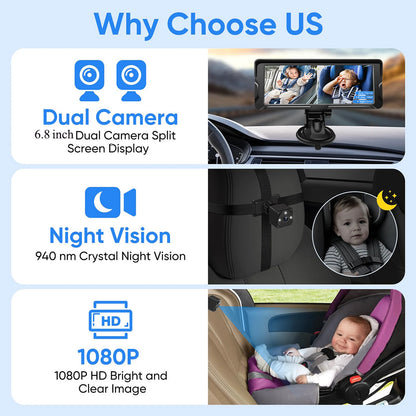Car Baby Camera Dual Channel 6.8inch 1080P Display with 2 IR Night Vision Camera and 150° Wide View Angle Automotive Baby Camera