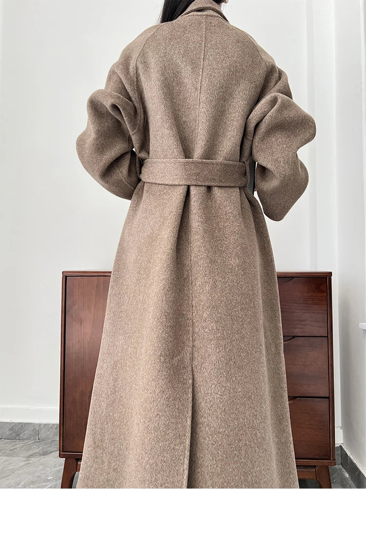 Office Lady Woolen Jackets 2024 Autumn And Winter Bathrobe Style Pocket Double-Sided Loose Lace -Up Tie Women's Long Wool Coats