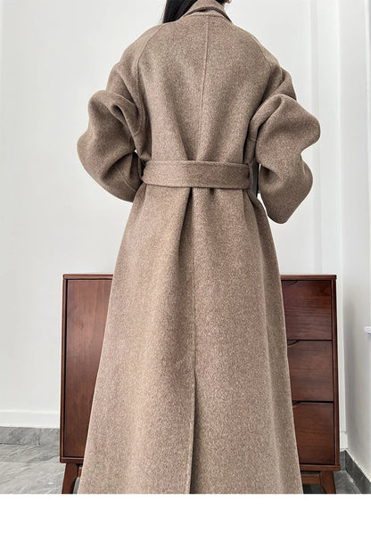 Office Lady Woolen Jackets 2024 Autumn And Winter Bathrobe Style Pocket Double-Sided Loose Lace -Up Tie Women's Long Wool Coats