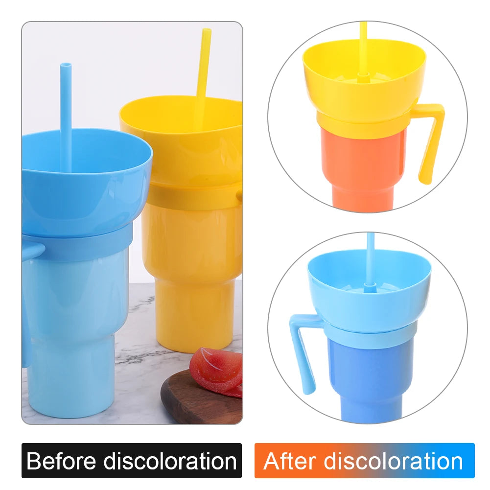 1000ml Snack Bowl Drink Cup with Straw 2 In 1 Stadium Tumbler Splash Proof Leakproof Popcorn Beverage Cup for Cinema Travel