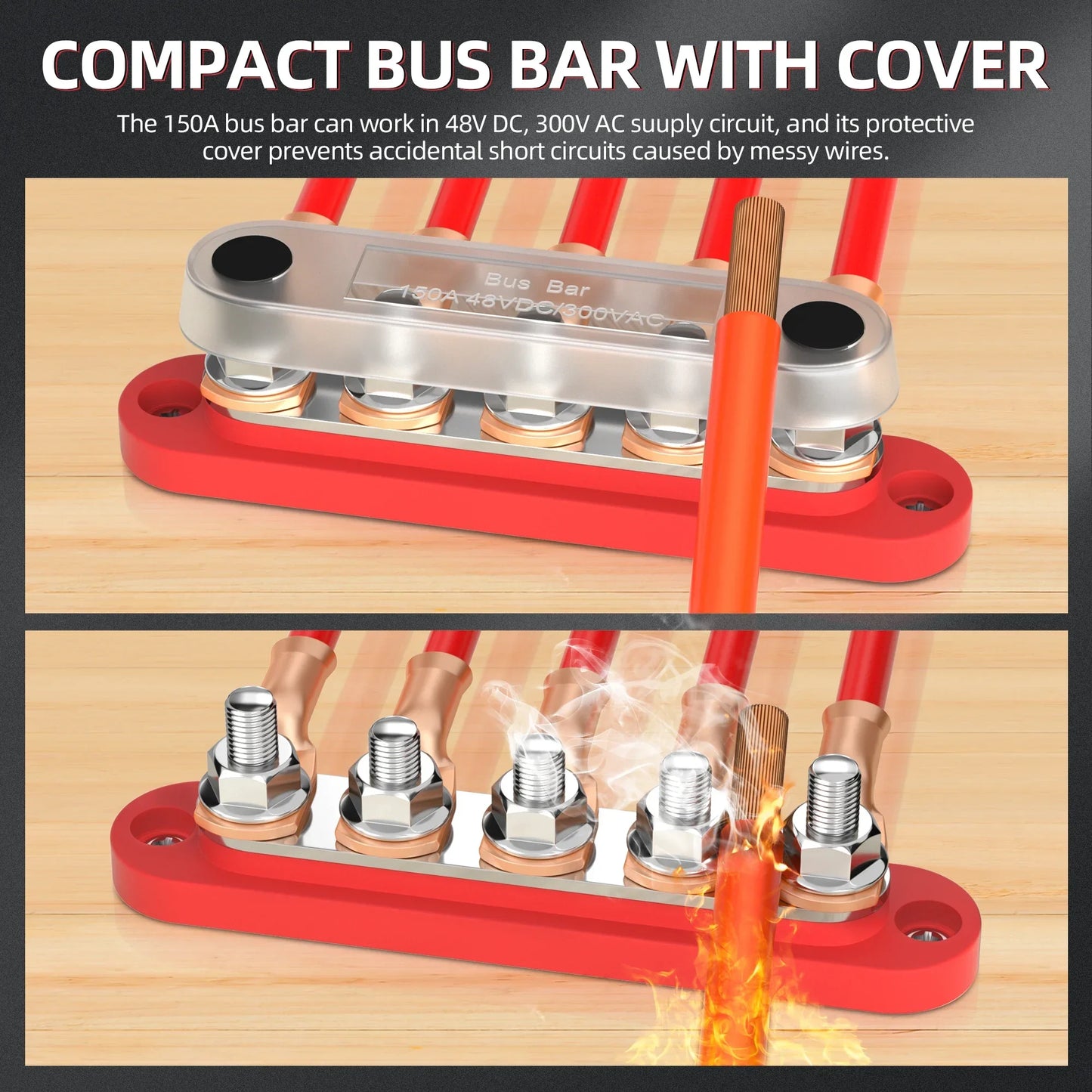 150A Terminal Bus Bar 5*M8 Studs Battery Power Distribution Block Red Black 12V Car Busbars for Automotive Marine Boat