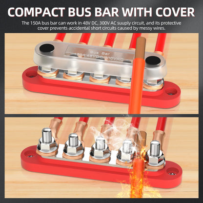 150A Terminal Bus Bar 5*M8 Studs Battery Power Distribution Block Red Black 12V Car Busbars for Automotive Marine Boat