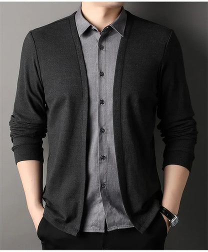 Men's Fake Two Piece Shirt Collar Knitted Cardigan Long Sleeve Shirt Man High Street Fake Two Pieces Button All-match Cardigan