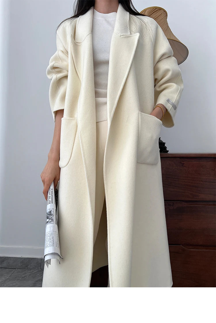 Office Lady Woolen Jackets 2024 Autumn And Winter Bathrobe Style Pocket Double-Sided Loose Lace -Up Tie Women's Long Wool Coats