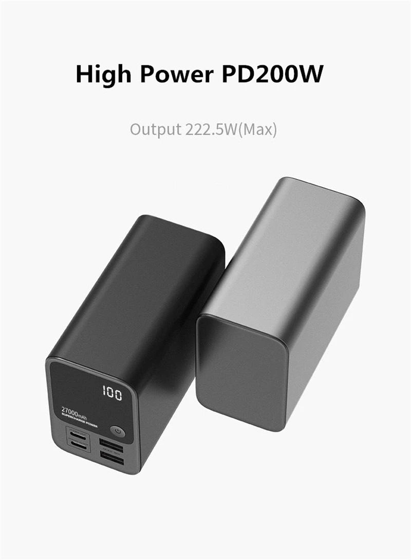 22.5W Power bank PD 200W 27000MAH 5V 9V 12V 15V 20V 5A USB QC4.0 Super Charge VOOC Li-polymer battery