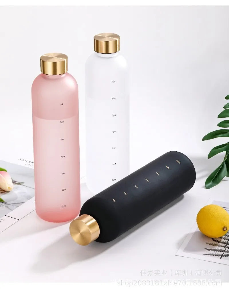 1L Water Bottle with Time Marker 32 OZ Fitness Sports Outdoor Travel Portable Leakproof Drinkware BPA Free Frosted Drink Bottles