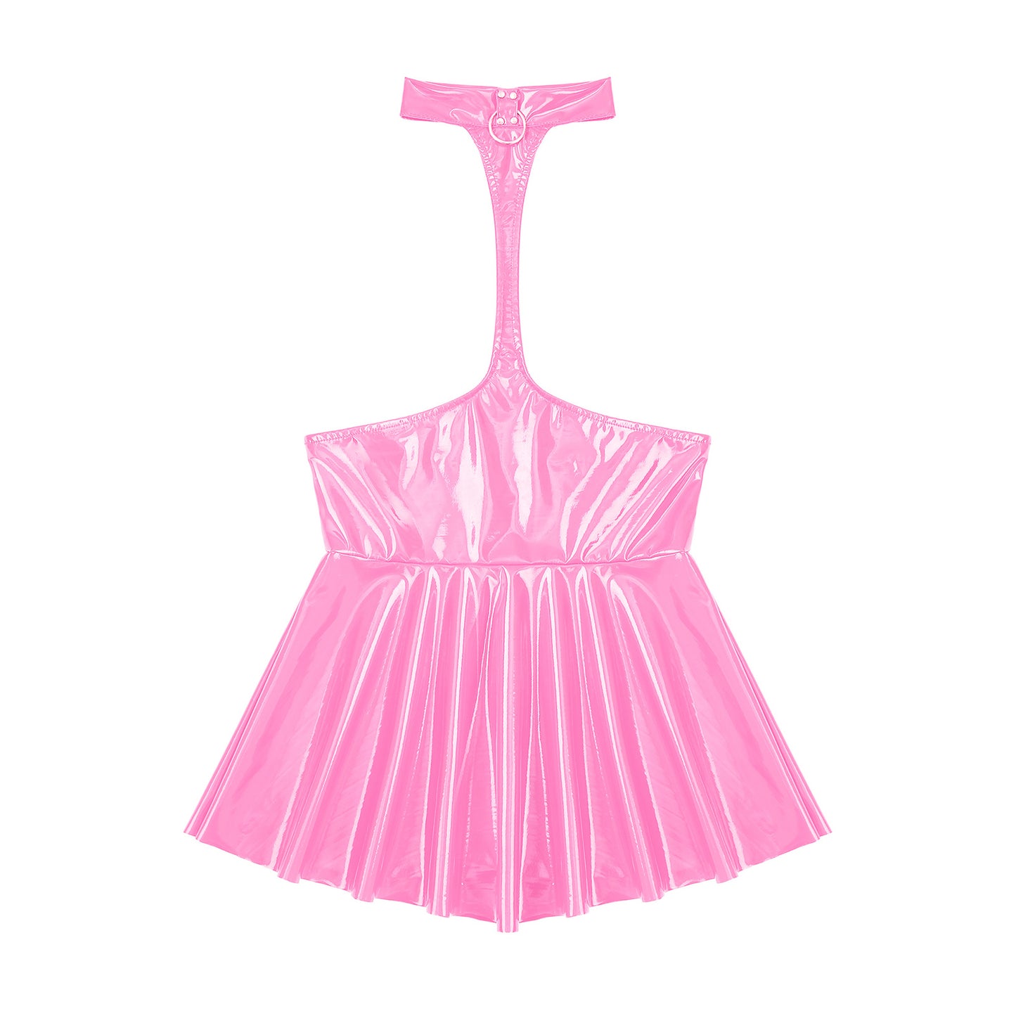 Womens Patent Leather Halter Latex Dress Wet Look Bare Breast Exposing Patent Leather Open Chest Halter Ruffled Latex Dresses