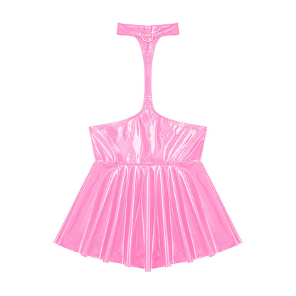 Womens Patent Leather Halter Latex Dress Wet Look Bare Breast Exposing Patent Leather Open Chest Halter Ruffled Latex Dresses