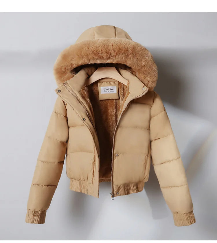 2024 Quilted Hooded Down Jacket Women's Winter Thick Cotton Coat Warm Bakery Coats Big Fur Collar Loose Cotton Coat