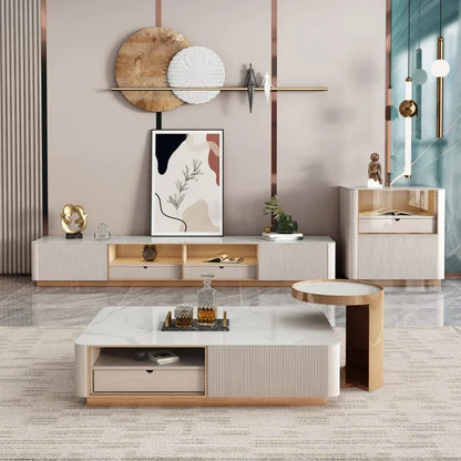 Living Room Furniture Modern Luxury Cabinet TV Stand Stainless Steel +mdf+rock Plate+solid Wood Carton + Wooden Frame Storage