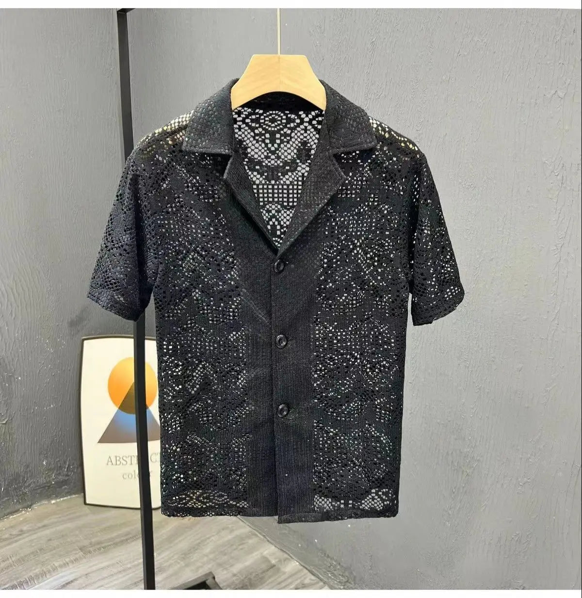 Vintage Ice Silk Lace Shirts For Men Sexy Lace Breathable Hollow Out Tops Summer Fashion Cuban Collar Short Sleeved Shirt Male