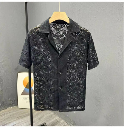 Vintage Ice Silk Lace Shirts For Men Sexy Lace Breathable Hollow Out Tops Summer Fashion Cuban Collar Short Sleeved Shirt Male