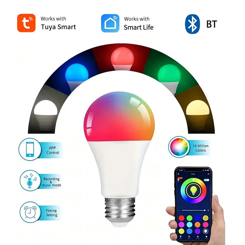 Smart Led Bulbs E27 Tuya Smart Life Bluetooth App Control 220V 110V RGB Lights Ampoules Home Decoration Spotlight Bombilla