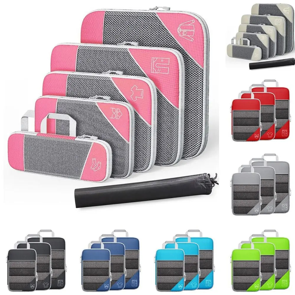 Portable Compression Packing Cubes Compressible Large Capacity Luggage Storage Bags Set Expandable Mesh