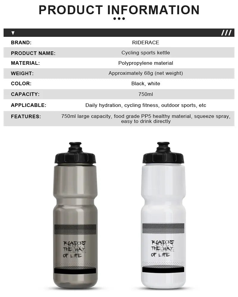 RIDERACE Bicycle Water Bottle 750ML PP5 Plastic For Outdoor Running Climbing Sports Squeeze Mug Cycling Kettle Portable Bike Cup