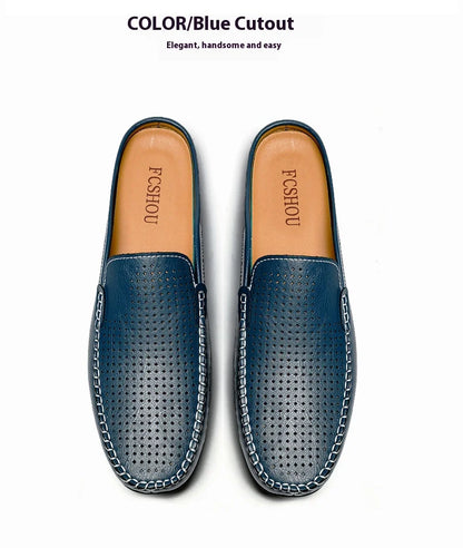 Closed Toe Half Shoes for Men Black Blue Mules Slippers Slip on Genuine Cowhide Leather Luxury Flat Sandals Man Summer 2025