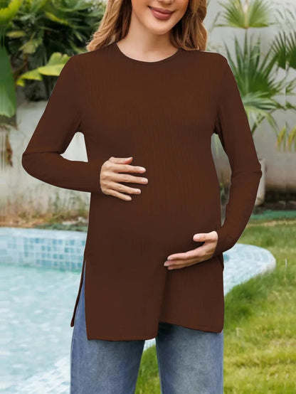 Spring New Maternity Clothes Round Neck Solid Color Slit Long Sleeve Base T-shirt Tops For Pregnant Women Maternity Wear