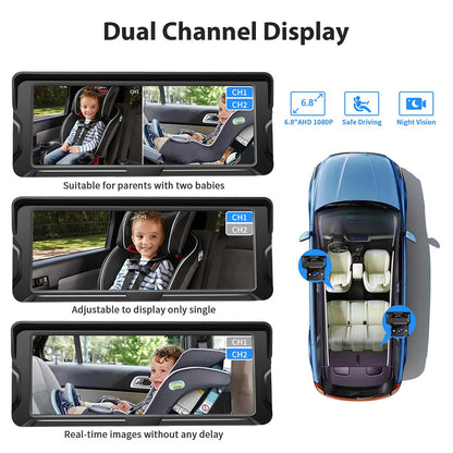 Car Baby Camera Dual Channel 6.8inch 1080P Display with 2 IR Night Vision Camera and 150° Wide View Angle Automotive Baby Camera