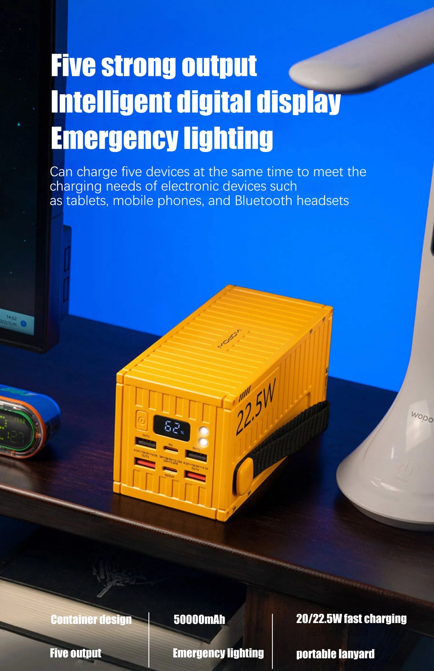 Large Capacity 50000mAh Power Bank 22.5W PD Fast Charging Auxiliary Battery for Outdoor Camping High-Speed External Spare