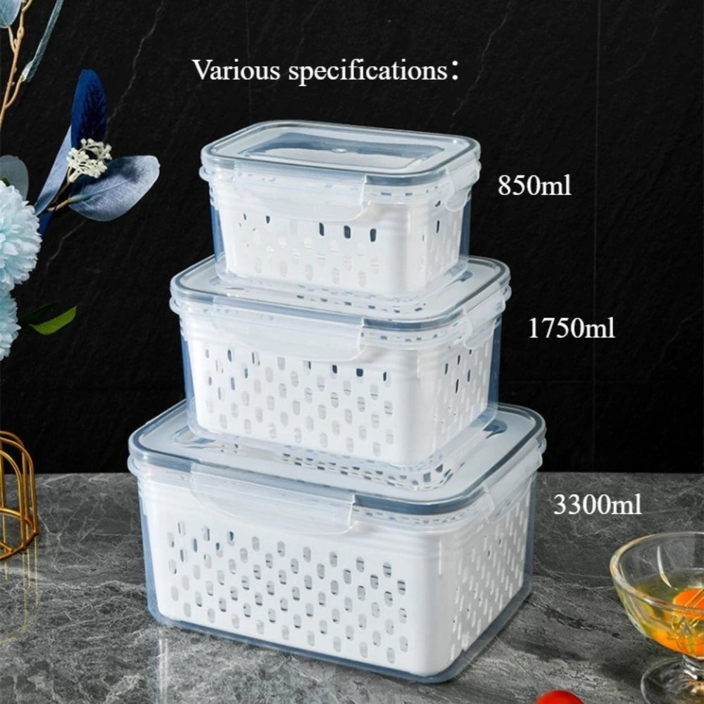 1- 3Pcs Refrigerator Organizer Boxes Fresh Fruit & Vegetable Keep - Fresh Containers with Draining Baskets Kitchen Storage Box