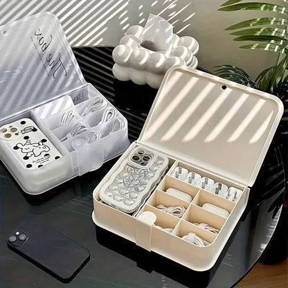 Desk Data Cable Storage Box Multi-Compartment Power Cord Organizer Desktop Cable Management Box for Phone Charger Plugs Jewelry