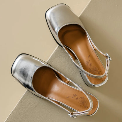 Fashion Slingback Sandals Shoes Women Block Heels Close Toe Party Office Shoes Ladies Elegant Short Heeled Silver Mules Shoes