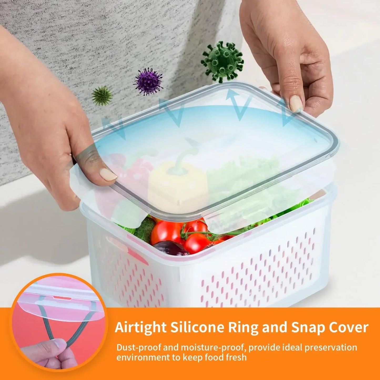 Fridge Food Storage Container Set with Lids with Strainer,Plastic Fresh Produce Saver Vegetable Fruit Meat Organizer