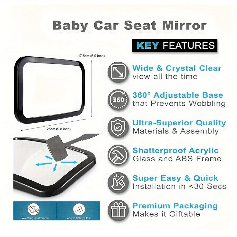 Durable Baby Car Mirror 360° Rotatable Safe for Seat Essential for Travel Easy Install Adjustable Arm Durable Rearview Mirror