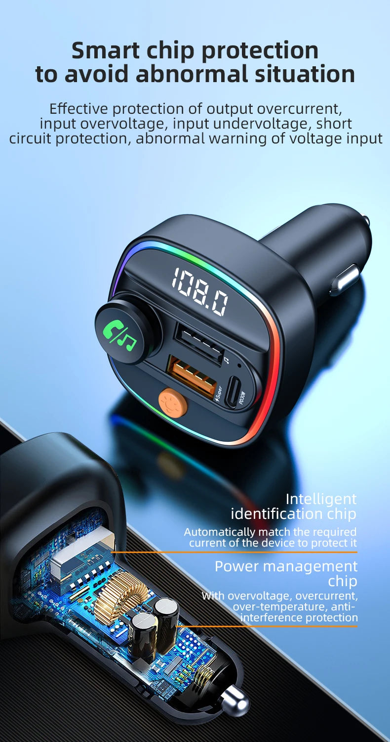 Bluetooth 5.3 FM Transmitter Handsfree Car AUX Radio Modulator MP3 Player with 22.5W & PD30W Fast Charge Adapter Car Accessories