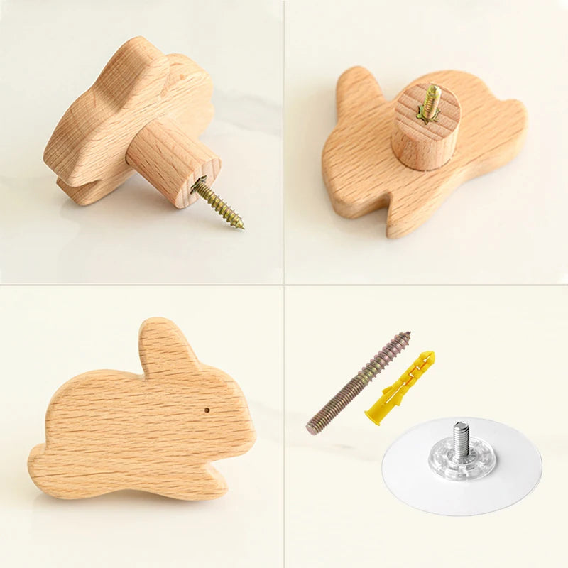 1PCS Solid Wood Hooks Cute Room Decor Animal Hook Wall Hanging Key Coat Hook Home Decoration Hanger Bathroom Kitchen Accessories