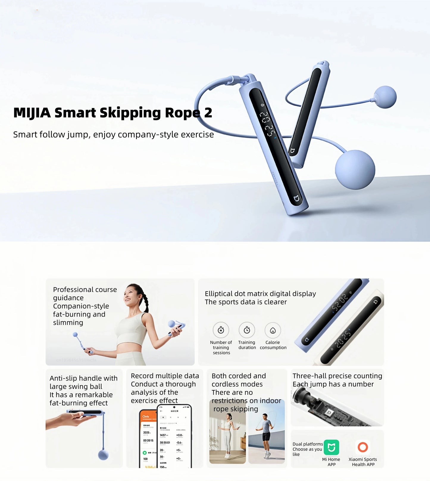 Xiaomi Mijia Smart Jump Rope 2 Bluetooth Fitness Weight Loss Exercise Counting Gravity Ball Skipping Professional Fat Burning CN