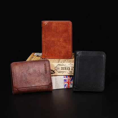 Men's Wallets RFID Blocking Genuine Leather Trifold Business Short Purse Wallet for Men with ID Window and Credit Card Holder