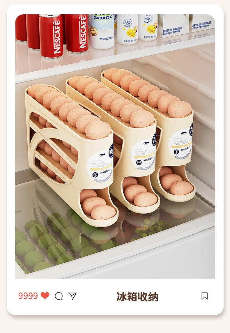 Large Capacity 30 Eggs Holder for Fridge Auto Rolling Egg Organizer, Space-Saving, 4 Tiers Fridge Egg Rack Eggs Dispenser