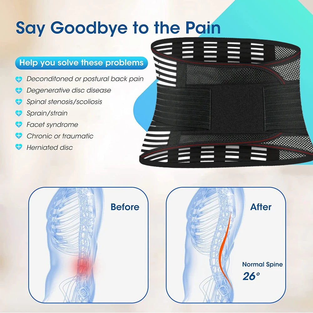 Breathable Back Brace for Lower Back Pain Relief, Lumbar Support Belt with Lumbar Pad for Men & Women Herniated Disc, Sciatica