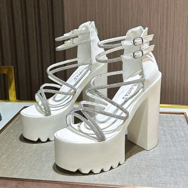 Car Model Catwalk Banquet Performance Women's Shoes 16 Cm Waterproof Pole Dance Crystal 15CM High Heel Chunky Sandals