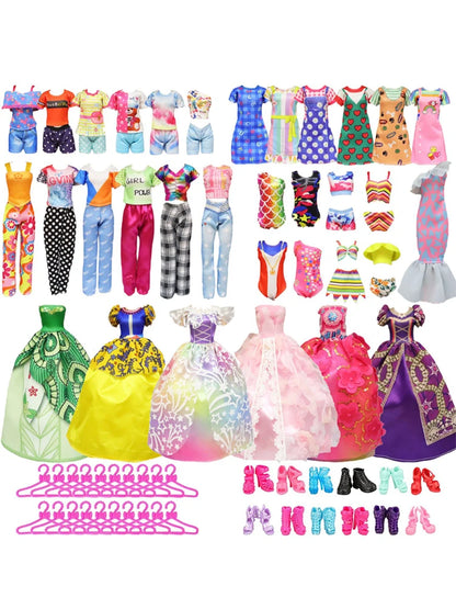 28pcs Fashion Dolls Accessories =1 Gown +3 Dress +2 Suit +2 Swimsuit +3 Glasses +10 Shoes +7 Hanger Clothes for 11.5'' Doll Toys
