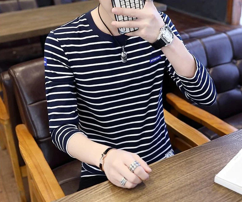T Shirts for Men Stripe Tops Red Cotton Male Clothes Round Neck Harajuku Fashion Sale High Brand Regular Fit It Full Sleeve Tee