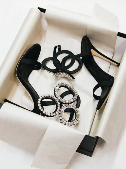 2024 New Dress Wedding Shoes with One Word Water Diamond Fine Heel Roman Women's Sandals