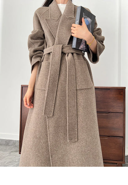 Office Lady Woolen Jackets 2024 Autumn And Winter Bathrobe Style Pocket Double-Sided Loose Lace -Up Tie Women's Long Wool Coats