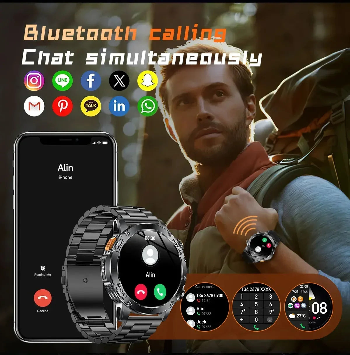 New For HUAWEI 1000mAh Large Capacity Battery Smart Watch Men Outdoor Flashlight BT Call Waterproof Sport Fitness SmartWatches